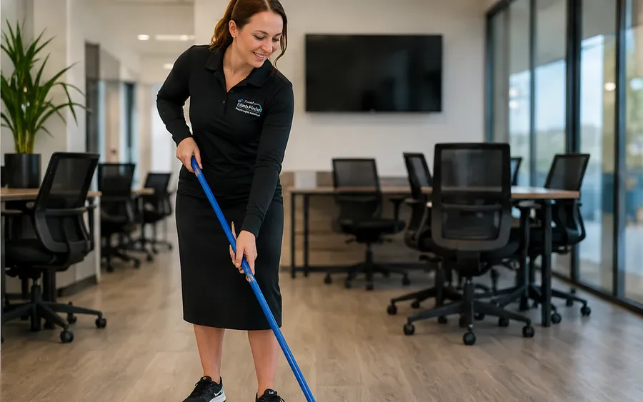 A Faithful Finish team member mopping a commercial office floor