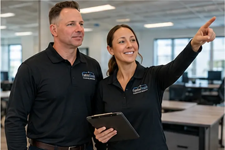 Faithful Finish owners walking through a client's facility