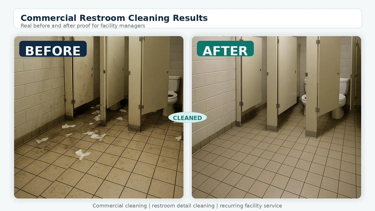 Before and after of a commercial restroom cleaned by Faithful Finish: stained floors and dirty partitions transformed into a spotless, sanitized restroom
