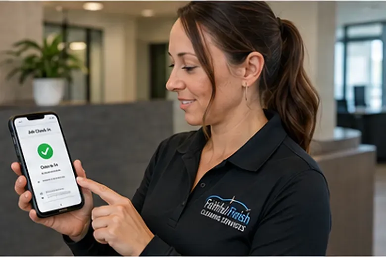 A Faithful Finish team member completing a GPS-verified check-in on site